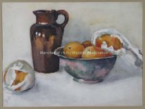 Watercolor of Pitcher with bowl of oranges